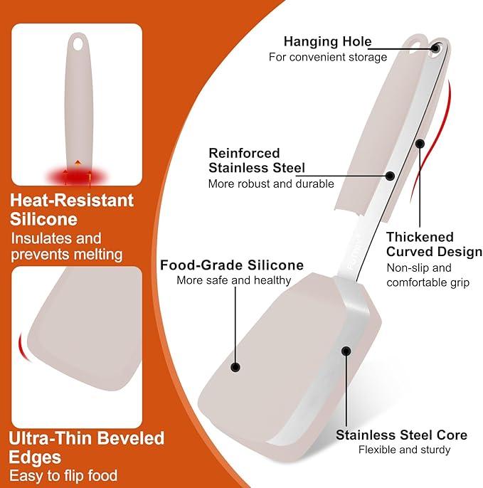 Silicone Spatula, 13 x 3.2 In, 600°F Heat Resistant Kitchen Spatula, BPA Free, Flexible Turner For Non Stick Frying Pan, Cooking, Flipping Egg and Pancake, Dishwasher Safe (Khaki)