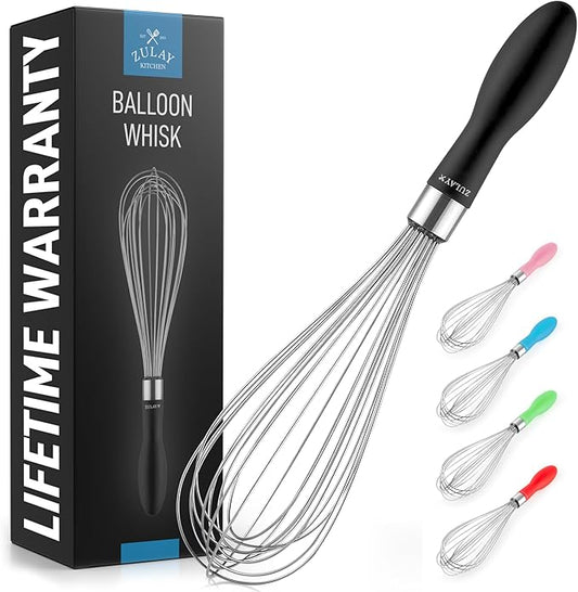 Zulay Kitchen Stainless Steel Balloon Whisk 11 Inch – Durable Wire Whisk with Soft Grip Silicone Handle – Versatile Kitchen Whisk for Blending, Beating, Frothing, Stirring & More - Black