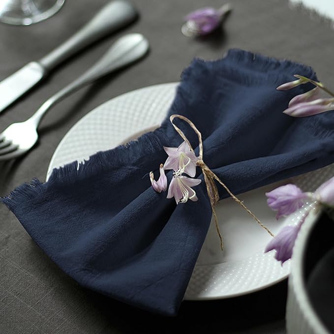 Handmade Cloth Napkins 100% Cotton Napkins with Fringe，Delicate Handmade Cloth Napkins for Dinners, Parties, Weddings and More，18 x 18 Inch Set of 12 - Navy Blue