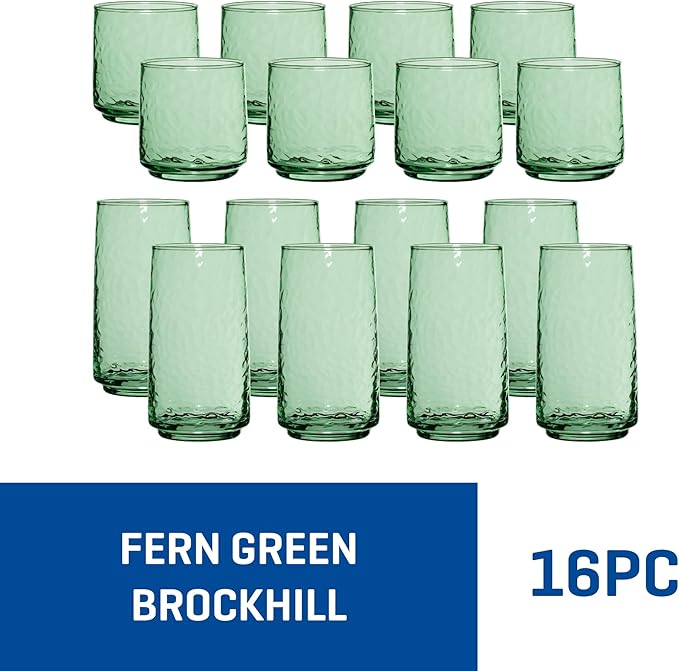 Anchor Hocking Fern Green Brockhill Drinking Glasses (16-Pieces, 12-ounce and 18-ounce, dishwasher safe)