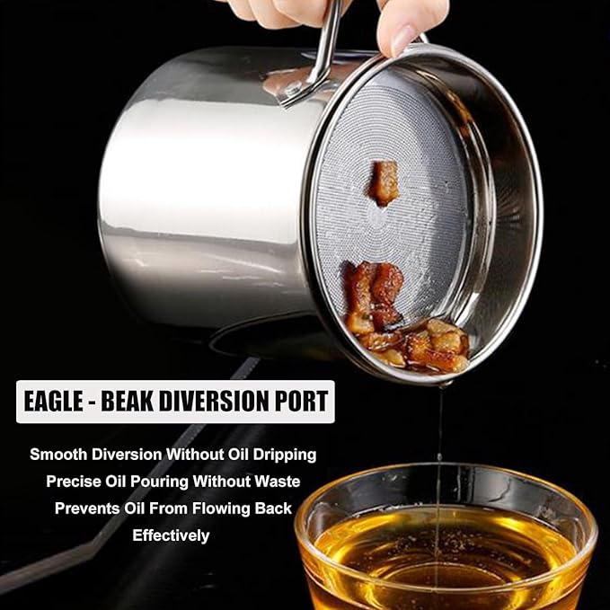 Bacon Grease Container With Removable Strainer Snug Lid Coaster Tray Stainless Steel Oil Container with Handle for frying oil bacon drippings Cooking Grease 1.3L(46 fl. oz.) (Style B)