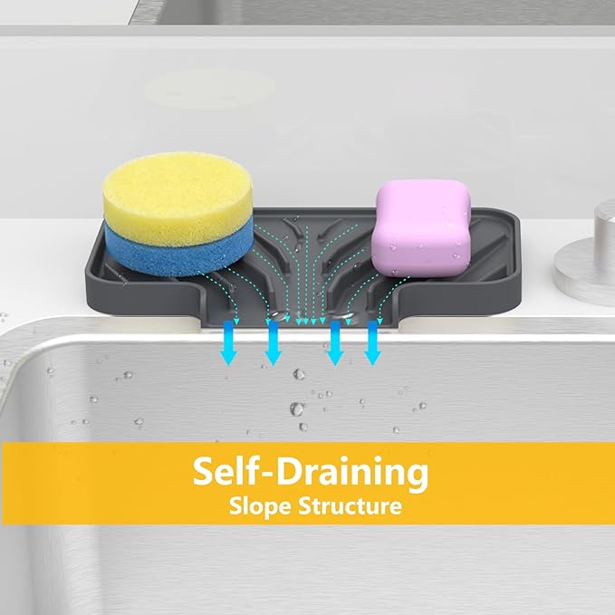 Sponge Holder for Kitchen Sink, 6"×4" High Slope Soap Tray, Silicone Sponge Holder with Drain, Dish Soap Mat for Shower Bathroom, Perfect for Bottle,Cup on Sink or Counter (Gray, 6×4)