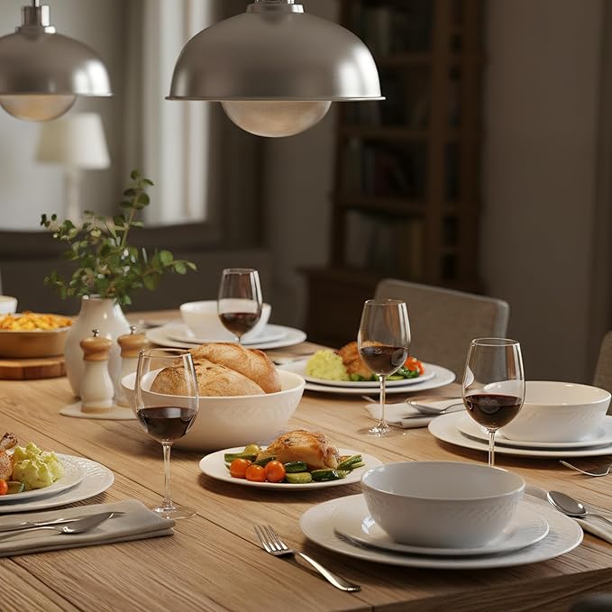 18-Piece Bone China Dinnerware Set for 6, White Porcelain Plates and Bowls with Textured Design, Lightweight Microwave Dishwasher Safe for Family Dining