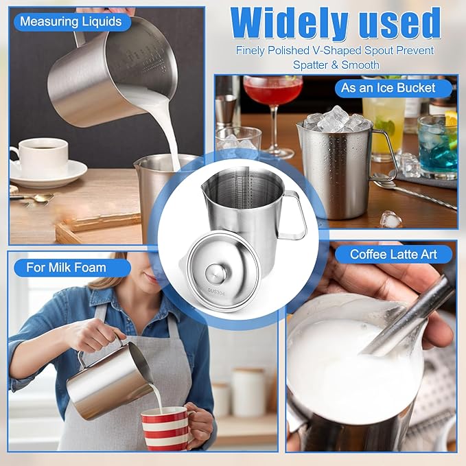 SHENLIU Stainless Steel Pitcher with Lid, 70 oz Metal Measuring Cup with Marking and Handle, 2 L Large Mouth Graduated Beakers, Milk Frothing Jug for Iced Tea, Espresso, Latte Art, Hot & Cold Water