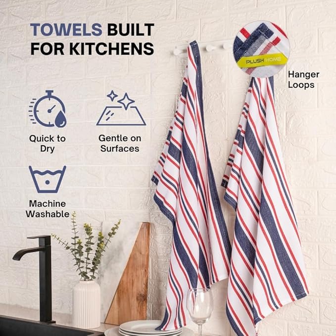 Kitchen Towel Set of 6, 100% Cotton Quick-Drying Absorbent Dish Towels & Tea Cloths, 20x30 Inch Decorative Farmhouse Towels for Kitchen, Navy,White & Red Stripe