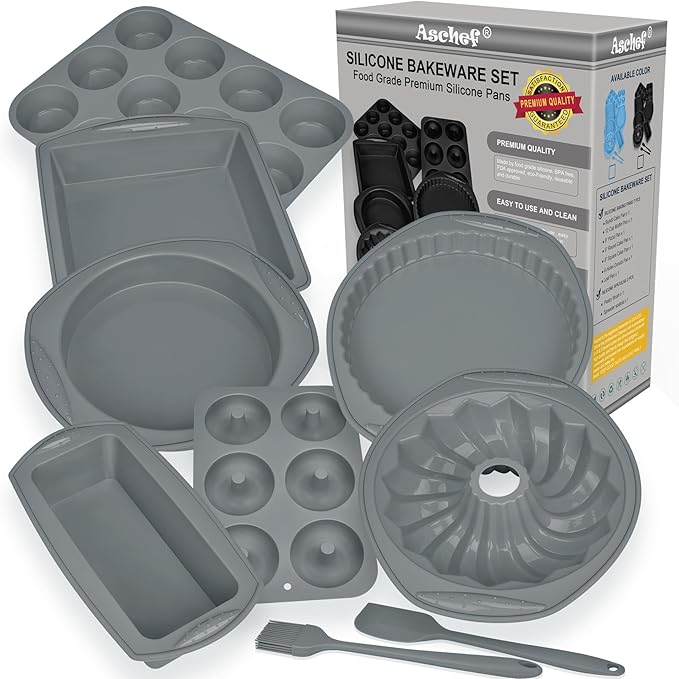 9in1 Nonstick Silicone Baking Bundt Cake Pan Cookie Sheet Molds Tray Heat Resistant Bakeware Tools Kit for Muffin Loaf Bread Pizza CupcakeUtensil