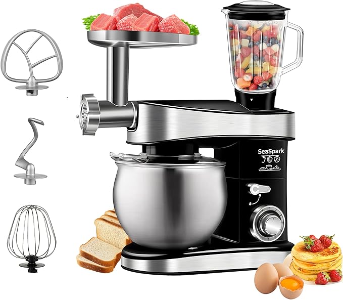 SeaSpark Multifunctional Stand Mixer, 6 in 1 Stand Mixer, 6.3Qt Tilt-head, Standing Mixer with Stainless Steel Bowl, Meat Grinder, Juice Blender, for professional Baking and Most Home Cooks, Black