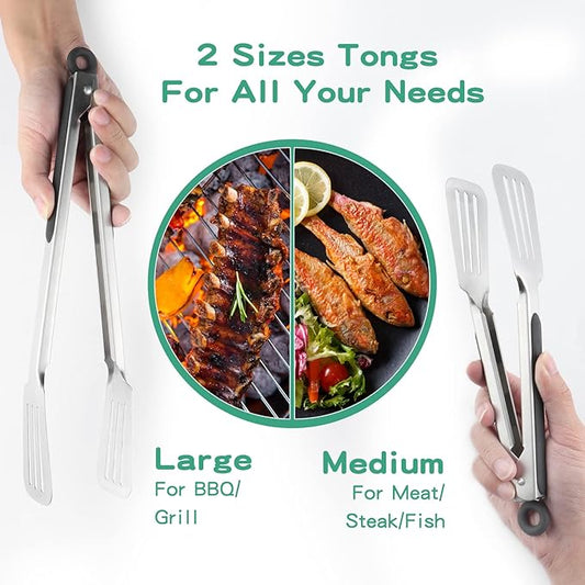 Lebabo Metal Tongs for Cooking, Set of 2 Stainless Steel Spatula Tongs for Grilling, Cooking and Flipping, Strong Grip for Ribs, Steak and Fish, Comfortable Grip, Easy Pull Lock, 9 inch & 12 inch