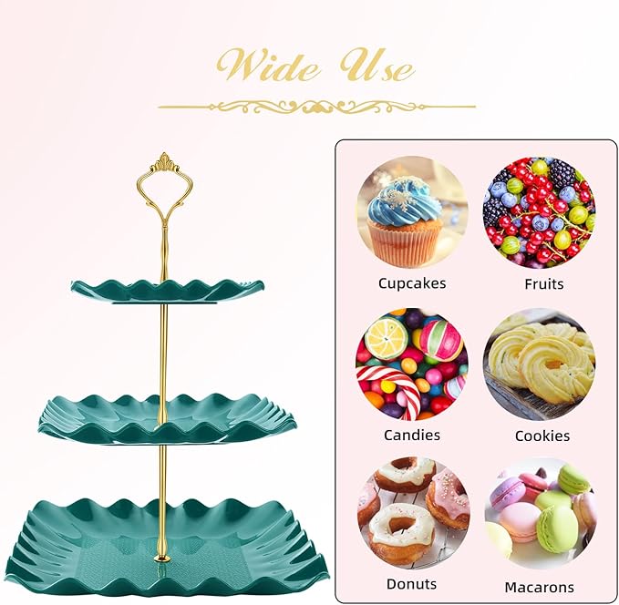 Dessert Cupcake Stand, 3 Tier Cup Cake Holder Tower for Tea Party/Birthday/Wedding, Plastic Tiered Serving Tray with Metal Rod (Green)