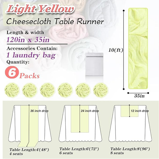 Light Yellow Cheesecloth Table Runner 6 Pack 35" Boho Gauze Tablecloth Runner 120 inches Long Runner Rustic Sheer Fabric Bulk for Baby Shower Wedding Bridal Birthday Party Table Decorations