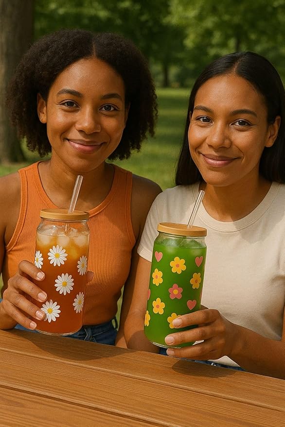 BambooSip (2- pack) Drinking Glasses with Bamboo Lids, straws and cleaning Brush, 160z Glass cups with Lids and straws,Beer, juice, smoothies, iced Coffee Glasses, Soda, Gift, UniqueDaisyDesign.