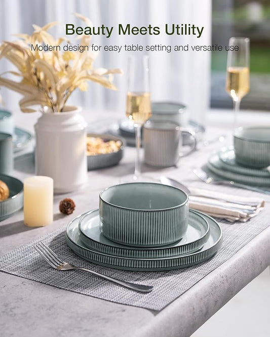Famiware Star Dinnerware Set with Mugs, Service for 4 (16pcs), Ribbed Stoneware Plates and Bowls Dishes Sets - Chip & Scratch Resistant, Microwave & Dishwasher Safe, Smoky Blue