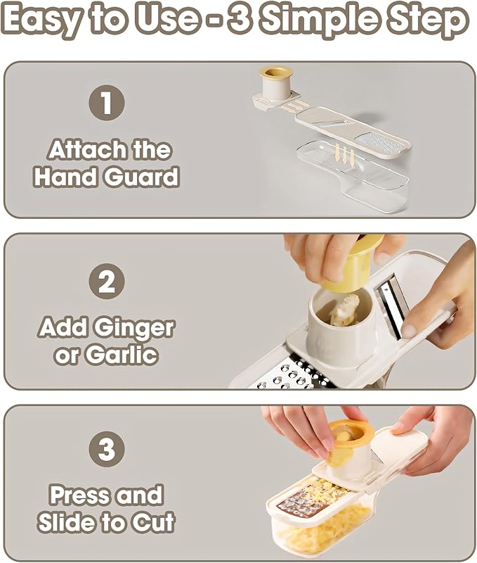 2-Pack 3 in 1 mini Ginger Garlic Grinder Super Thin, Multifunctional Mandoline slicer Grater with Hand Guard, Easy Grip Handheld Kitchen Tool, for Camping Cooking and Picnic (2pcs-white)