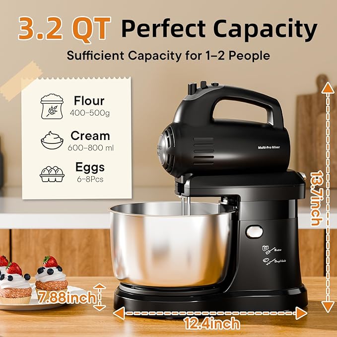 Stand Mixer Hand Mixer Kitchen Electric - 2-IN-1 3.2 QT Auto-Rotating Bowl & Beater Tilt-Head Small Standing Mixer, 250 Watt 5-Speed with Turbo Boost Household Mixer with Beaters & Dough Hooks