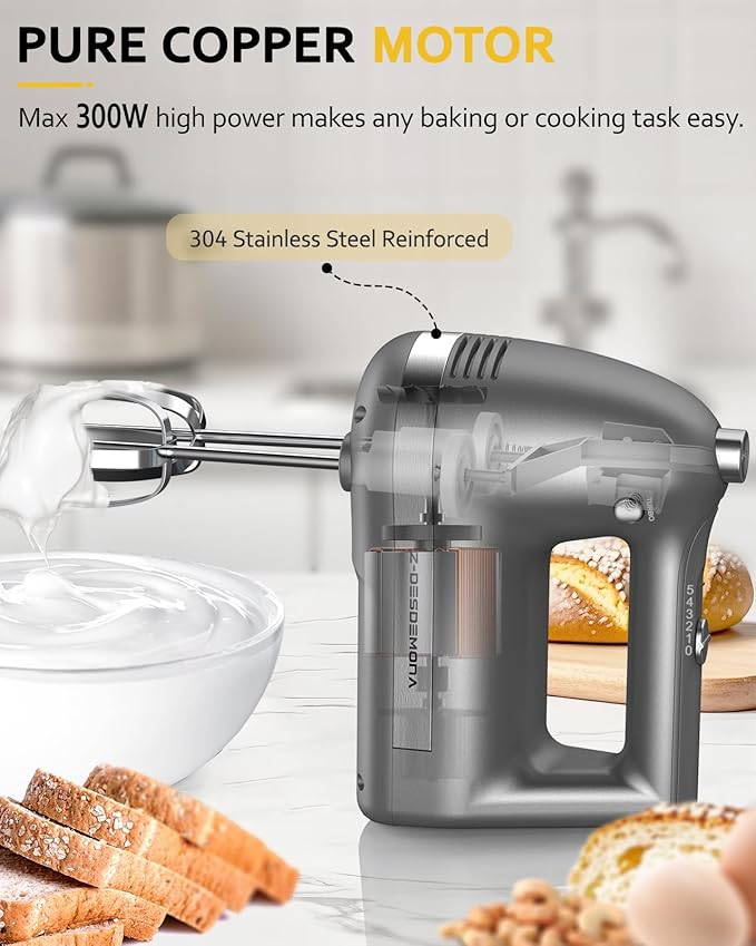 Z-DESDEMONA Electric Hand Mixer, Powerful Hand Mixer Electric Handheld with 304 Beaters, Dough Hook,Hand Held Mixer with Turbo for Baking Cakes, Eggs, Cream Food(Grey)
