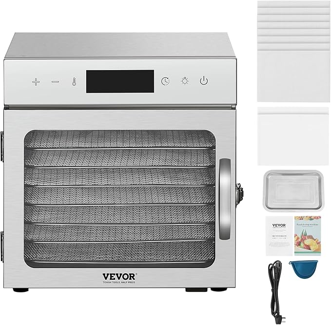 VEVOR Food Dehydrator Machine, 8 Stainless Steel Trays, 400W Electric Food Dryer with Adjustable Temperature & 24-Hour Timer, Food Dehydrator for Jerky, Meat, Fruit, Vegetables, Herbs, Dog Treats