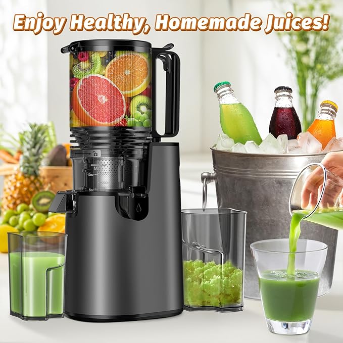 Cold Press Juicer, Juicer Machines with 5.4" Wide Feed Chute for Juice Extractor, Professional Slow Masticating Juicer for Whole Vegetables & Fruits with High Juice Yield, Easy to Clean (Black)