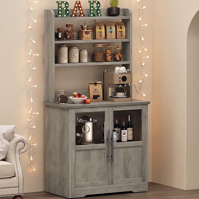 GAOMON Farmhouse Bakers Rack with Storage Cabinet and Power Outlets, Kitchen Pantry Organizer Hutch with Thickened Countertop, Microwave Stand with USB Ports, Multi-Shelf Storage, Gray