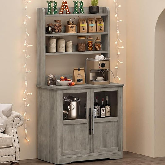 GAOMON Farmhouse Bakers Rack with Storage Cabinet and Power Outlets, Kitchen Pantry Organizer Hutch with Thickened Countertop, Microwave Stand with USB Ports, Multi-Shelf Storage, Gray
