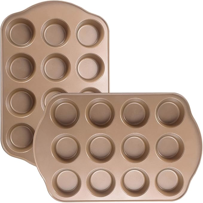 JOHO BAKING 2 Pack Nonstick Muffin Pan Set, 12-Cup Heavy Duty Cupcake Baking Pan with Handles - PFOA-Free Muffin Tin, Rust Proof & Warp Resistant, Oven Safe 430°F (Gold)