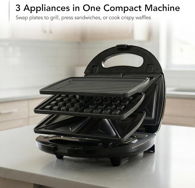 OVENTE 3 in 1 Electric Sandwich Maker, Panini Press Grill and Waffle Iron Set with Removable Non-Stick Plates, Perfect for Cooking Grilled Cheese, Tuna Melts, Burgers, Steaks and Snacks, Black GPI302B