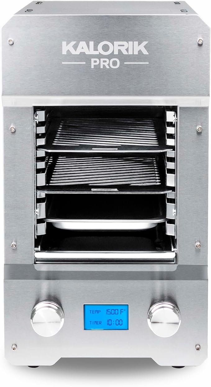 Kalorik Steakhouse Grill Pro Electric Broiler, 1500°F Stainless Steel Steak Cooker with 2 Grill Plates, Electric Grill for BBQ Burgers & Fish, 1600-Watts, Stainless Steel