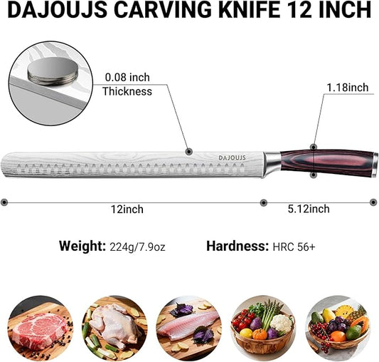 Brisket Knife Meat Carving Knives - 12 Inch Ultra Sharp High Carbon Steel Kitchen Carving Slicing Knife with Ergonomic Wood Handle & Gift Box for Turkey, Meat Cutting, BBQ
