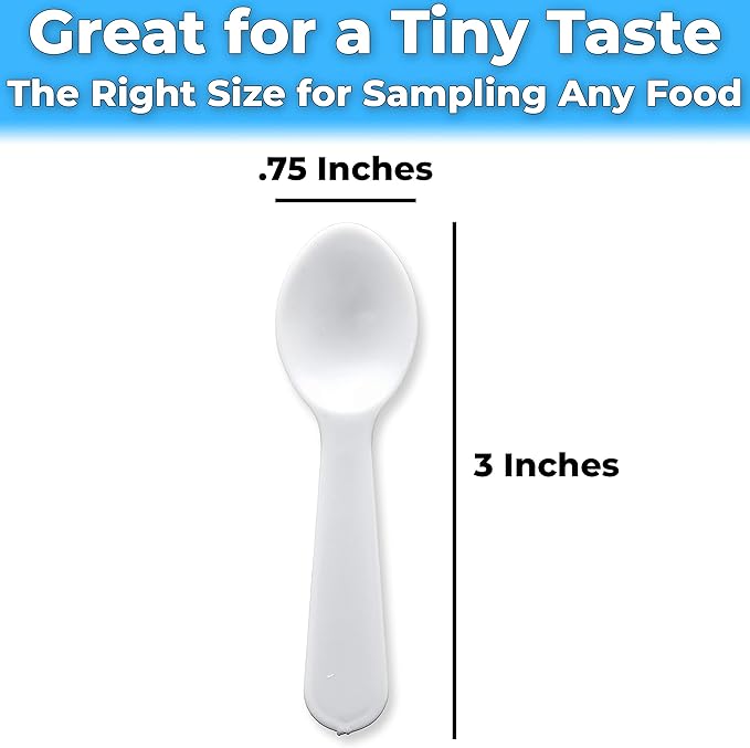 Extra Sturdy, BPA Free 100ct Plastic Tasting Spoons. Disposable Mini Tasters for Sampling or Individual Portions of Ice Cream, and Appetizers. Great for Food Trucks, Parties and Events