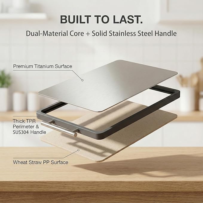 XL 16.7" Titanium Cutting Board (3.5LBS Heavy Duty) - Double Sided for Meat & Veggie with 304 Stainless Steel Handle, Dishwasher Safe, Non-Toxic & Knife Friendly - Large Cutting Board for Kitchen, 1PC