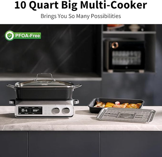 N21NA Pro Slow Cooker 10 Quart, 8-in-1 Programmable PFOA-Free Ceramic Coated Multi-Cooker with Grill Pan, Steaming Plate (Includes Silicone Spoon & Tongs)