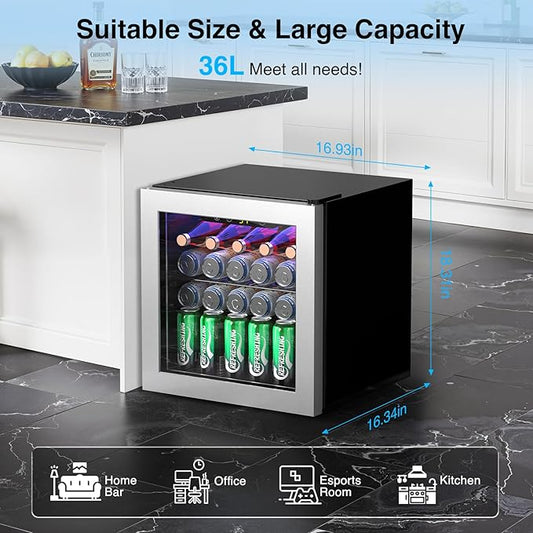 Kismile Beverage Refrigerator Cooler 36L Mini Fridge for 12 Bottle 50 Can,1.3 Cu.Ft Drink Fridge with Quiet Compressor,LED Light,Electronic Temperature Control for Home/Bar/Office 40-61℉,Silver