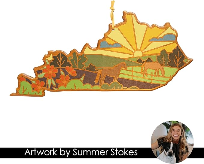 Totally Bamboo Kentucky State Shaped Cutting Board and Charcuterie Serving Platter with Artwork by Summer Stokes, Includes Hang Tie for Wall Display