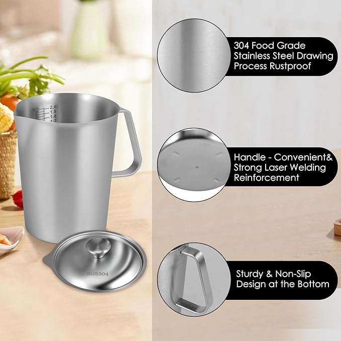 2 Pack Stainless Steel Pitcher with Lid, 2 L/ 70 oz Metal Measuring Cup with Marking with Handle, 8 Cup Large Milk Frothing Jug for Latte Art, Iced Tea, Hot/Cold Water