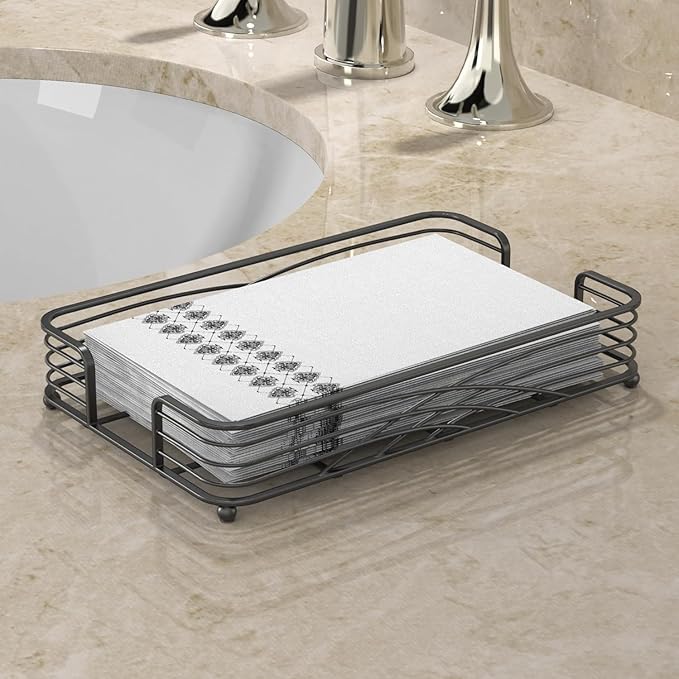 Black Guest Towel Holder Tray for Bathroom – Disposable Paper Hand Towel Holder, Rectangle Napkin Organizer for Powder Room, Modern Guest Napkin Holder for Bathroom Countertop Use