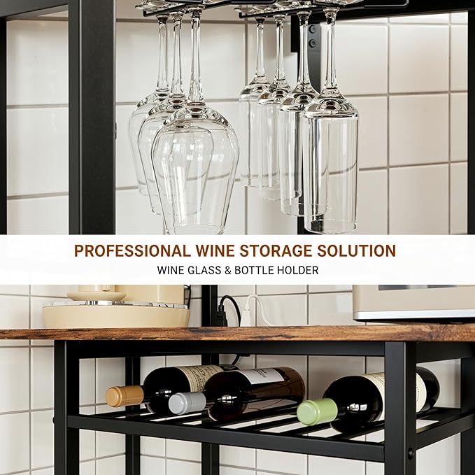 IRONCK Large Bakers Rack with Power Outlet, 6-Tier Corner Microwave Stand, Industrial Coffee Bar with Wine Rack, Hooks & Wire Baskets for Kitchen Spices/Pots, Rustic Brown