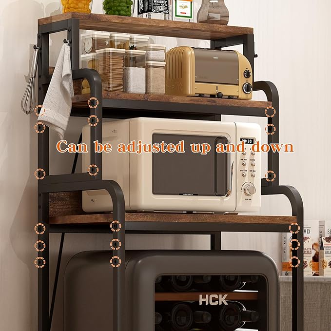 Bakers Rack with 4-Tier Mini Adjustable Shelves and Power Outlet, Heavy-Duty Metal Frame Kitchen Shelf Organizer, Mini Fridge & Microwave Stand for Kitchen, Dorm, Living Room, Walnut Brown