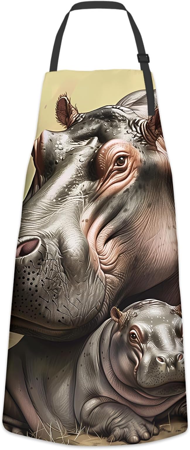 Realistic Hippo Apron for Women Men, Cooking BBQ Chef Polyester Lightweight Heartwarming Design Aprons with Pockets for Baking Kitchen Gardening Cleaning, Adjustable Neck Strap, 28×33inch