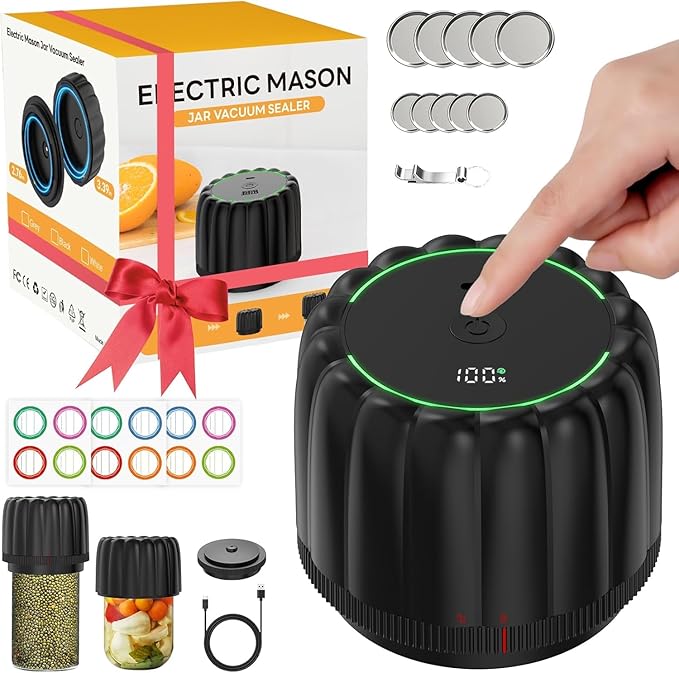 Electric Mason Jar Vacuum Sealer Kit - Portable Jar Vacuum Sealer for Canning Jars, with Wide and Regular Mouth Mason Lids, Food Storage Vacuum Sealing Machine, Lids Included, Opener