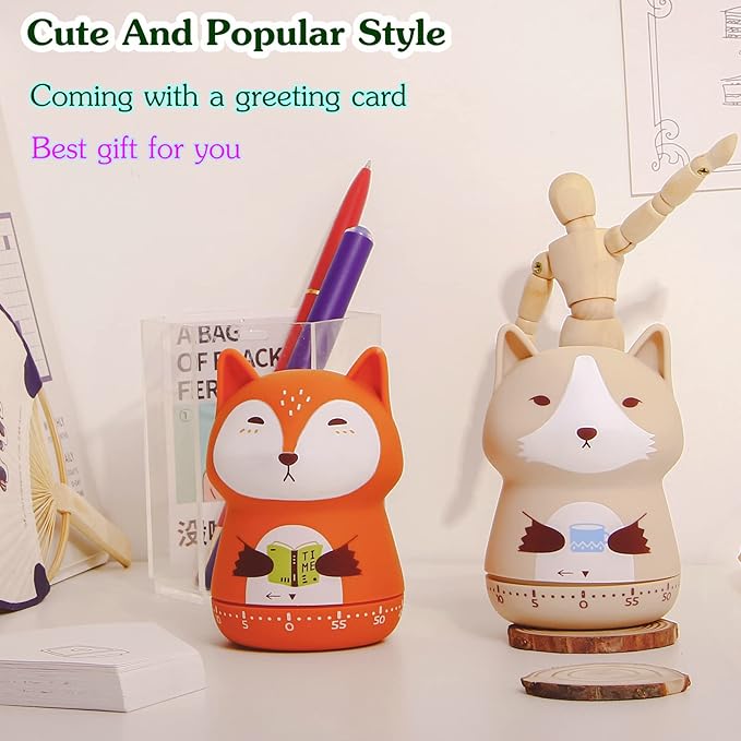 Mechanical Kitchen Timer, Cute Animal Timer for Kids, Wind Up 60 Minutes Manual Countdown Timer for Classroom, Home, Study and Cooking (Beige Wolf)