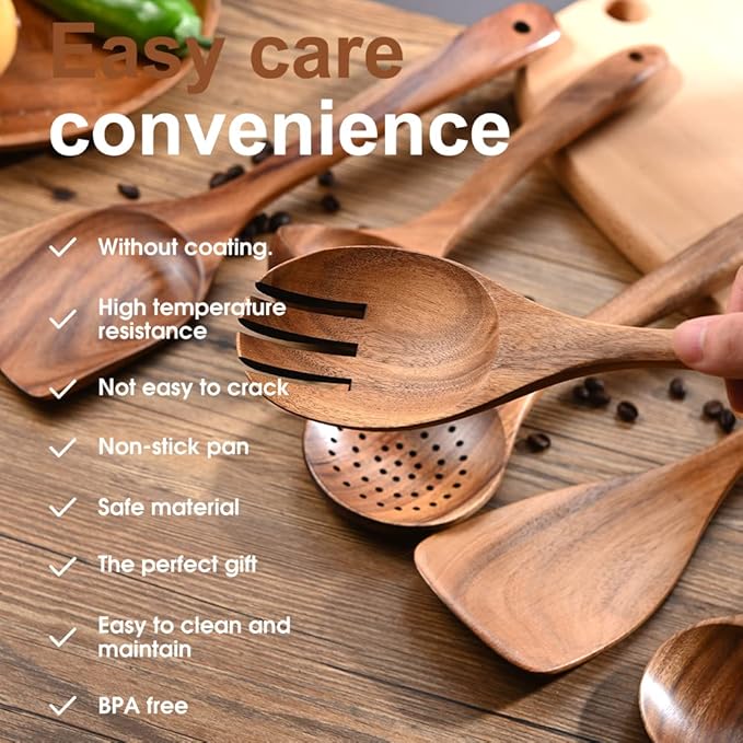 Wooden Spoons for Cooking WOODME 6pcs Wooden Kitchen Utensils Set,Natural Teak Wooden Spoons Cooking Utensil Set For Non Stick Pan With 6 Hooks & 1PCS Kitchen Dish Towels