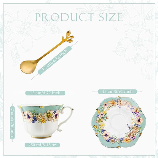 Country Roses Porcelain Tea Cup and Saucer Set with Gold Trim, Vintage Style, For Women and Tea Parties (1, Light Cyan)