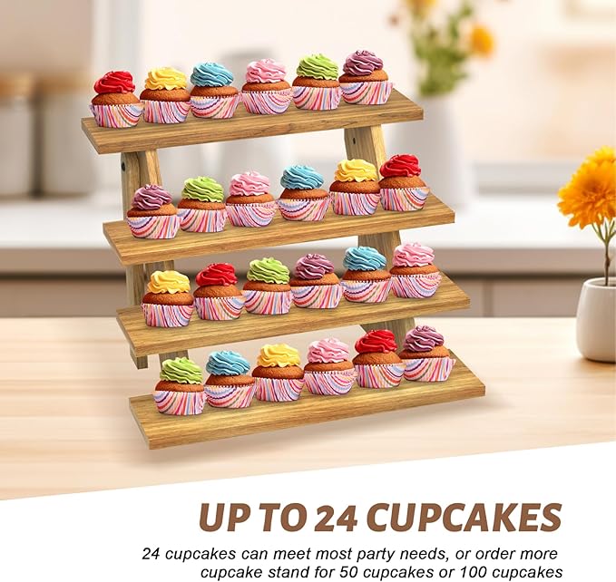Wooden Cupcake Stand - 4 Tier Cupcake Display Stand, Rustic Tiered Display Stand, Tool Free Installation Cupcake Stand for Baby Shower Decorations Birthday Party Supplies(Pine Wood)