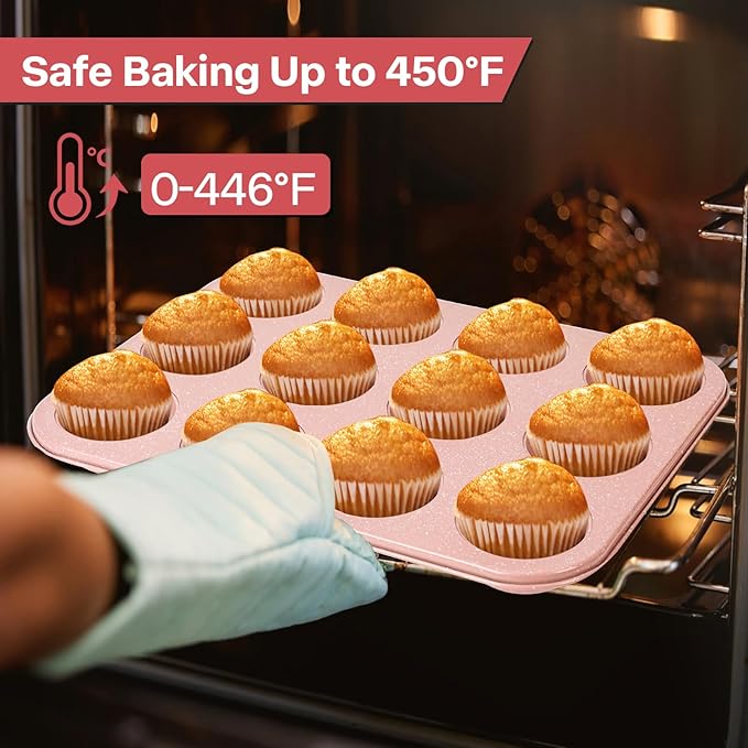 Spmarkt 2-Pack Pink Nonstick Muffin Pans, 12-Cup Muffin Cake Pan, 5-Layer Free PFOA/PFOS/PTFE Safe Cupcake Pan, Durable & Easy-Clean Muffin Cup for Baking