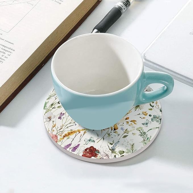 Round-4PCS Floral Drink Coasters, Round Modern Ceramic Absorbent Coasters, Watercolour Colorful Flower Herb Nature Plant Floral Decor Desk Coffee Table Coaster for Beverage Cup Tea Coasters