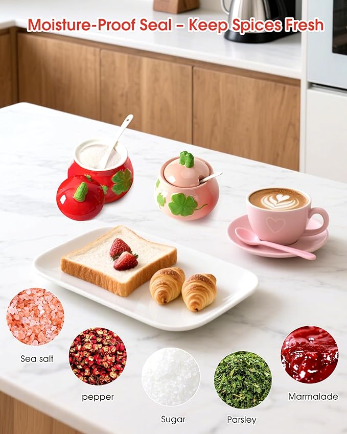 Ceramic Sugar Bowl Set of 2, Four-Leaf Clover Print Sugar and Salt Container with Lid and Spoon, Pink Red Decorative Spice Jar for Kitchen/Tea Time, Dishwasher Safe
