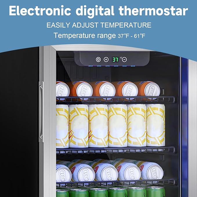 Stopasd Compact Beverage Refrigerator, 3.2 Cu.Ft/126 Can Drink Fridge with Adjustable Shelves & Glass Door for Soda Wine Beer, Quiet Undercounter Small Fridge for Home/Office/Bar/Garage,Sliver