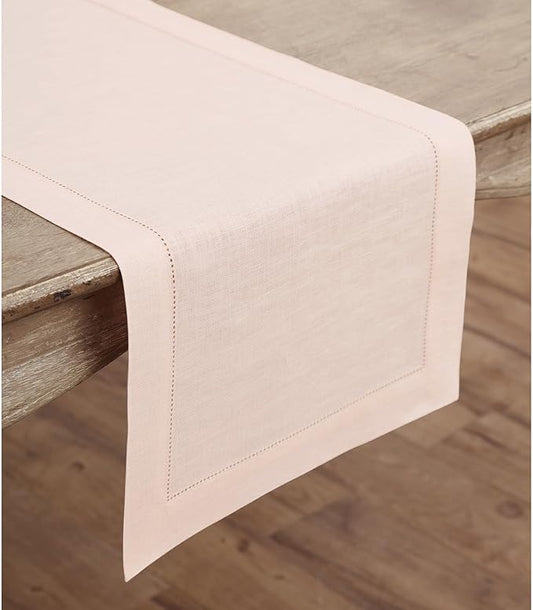 Solino Home Linen Pink Table Runner 144 Inches Long - 100% Pure Linen Extra Long Table Runner 14 x 144 Inch for Valentines, Spring, Easter - Classic Hemstitch