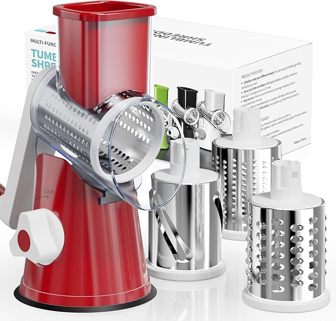 Rotary Cheese Grater Hand Crank, 3 Blades Slicer Shredder, Cheese Grater for Kitchen, Multi-Functional Kitchen Tool for Vegetables, Nuts, Chocolate, with Strong Suction Base, Red