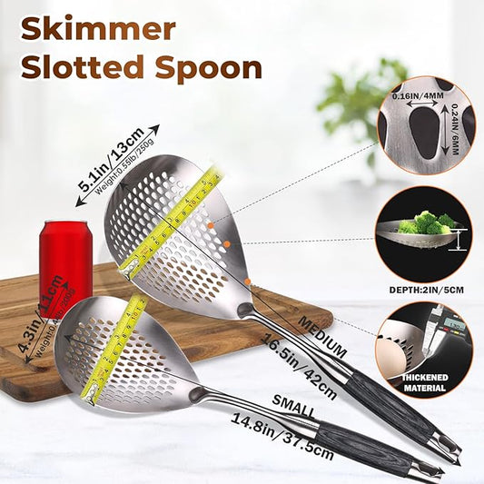 MARTE Skimmer Slotted Spoon,304 Stainless Steel Pasta Spider Strainer Ladle for Frying and Cooking,Set of 2 Kitchen Colanders & Food Strainers，Serving Spoon with Heat-Resistant Solid Wood Handle