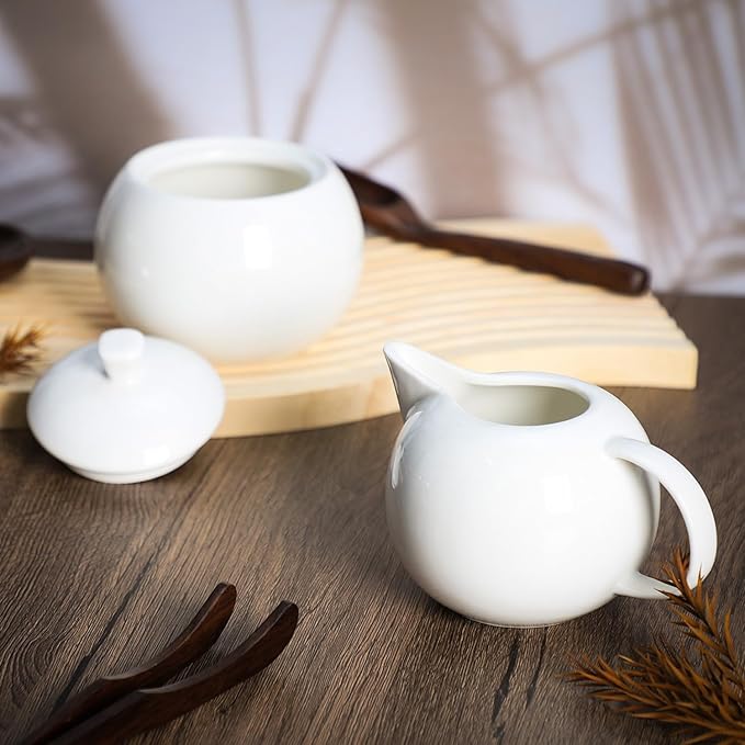 Sizikato Pure White Porcelain Sugar and Creamer Set, 14 Oz Salt Bowl with Lid and 10 Oz Creamer Pitcher